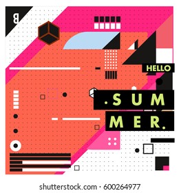Trendy vector summer cards illustration with line elements and abstract colorful textures. Design for poster, card, invitation, brochure, and promotion template. Fashion art print and background.