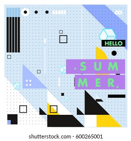 Trendy vector summer cards illustration with line elements and abstract colorful textures. Design for poster, card, invitation, brochure, and promotion template. Fashion art print and background.