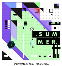 Trendy vector summer cards illustration with line elements and abstract colorful textures. Design for poster, card, invitation, brochure, and promotion template. Fashion art print and background.