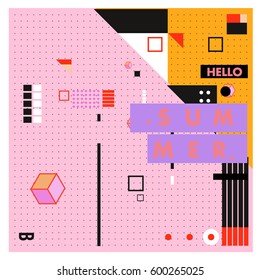 Trendy vector summer cards illustration with line elements and abstract colorful textures. Design for poster, card, invitation, brochure, and promotion template. Fashion art print and background.