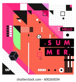 Trendy vector summer cards illustration with line elements and abstract colorful textures. Design for poster, card, invitation, brochure, and promotion template. Fashion art print and background.