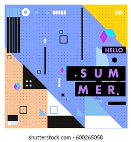 Trendy vector summer cards illustration with line elements and abstract colorful textures. Design for poster, card, invitation, brochure, and promotion template. Fashion art print and background.