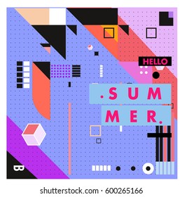 Trendy vector summer cards illustration with line elements and abstract colorful textures. Design for poster, card, invitation, brochure, and promotion template. Fashion art print and background.