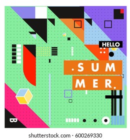 Trendy vector summer cards illustration with line elements and abstract colorful textures. Design for poster, card, invitation, brochure, and promotion template. Fashion art print and background.
