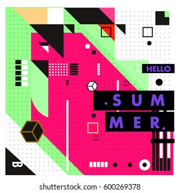Trendy vector summer cards illustration with line elements and abstract colorful textures. Design for poster, card, invitation, brochure, and promotion template. Fashion art print and background.