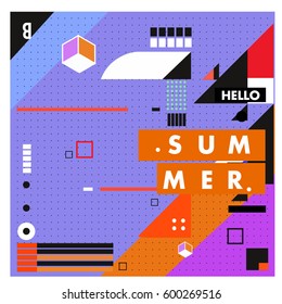 Trendy vector summer cards illustration with line elements and abstract colorful textures. Design for poster, card, invitation, brochure, and promotion template. Fashion art print and background.