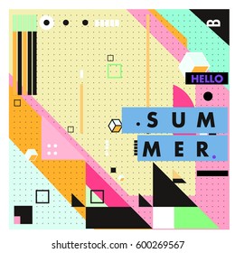Trendy vector summer cards illustration with line elements and abstract colorful textures. Design for poster, card, invitation, brochure, and promotion template. Fashion art print and background.