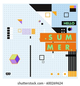 Trendy vector summer cards illustration with line elements and abstract colorful textures. Design for poster, card, invitation, brochure, and promotion template. Fashion art print and background.