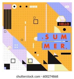 Trendy vector summer cards illustration with line elements and abstract colorful textures. Design for poster, card, invitation, brochure, and promotion template. Fashion art print and background.
