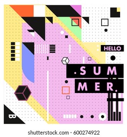 Trendy vector summer cards illustration with line elements and abstract colorful textures. Design for poster, card, invitation, brochure, and promotion template. Fashion art print and background.