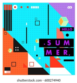Trendy vector summer cards illustration with line elements and abstract colorful textures. Design for poster, card, invitation, brochure, and promotion template. Fashion art print and background.
