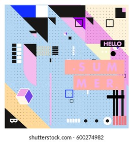 Trendy vector summer cards illustration with line elements and abstract colorful textures. Design for poster, card, invitation, brochure, and promotion template. Fashion art print and background.