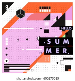 Trendy vector summer cards illustration with line elements and abstract colorful textures. Design for poster, card, invitation, brochure, and promotion template. Fashion art print and background.