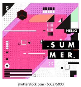 Trendy vector summer cards illustration with line elements and abstract colorful textures. Design for poster, card, invitation, brochure, and promotion template. Fashion art print and background.