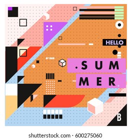 Trendy vector summer cards illustration with line elements and abstract colorful textures. Design for poster, card, invitation, brochure, and promotion template. Fashion art print and background.