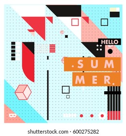 Trendy vector summer cards illustration with line elements and abstract colorful textures. Design for poster, card, invitation, brochure, and promotion template. Fashion art print and background.