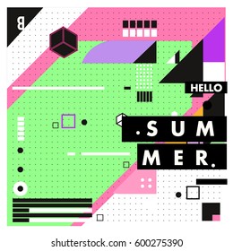 Trendy vector summer cards illustration with line elements and abstract colorful textures. Design for poster, card, invitation, brochure, and promotion template. Fashion art print and background.