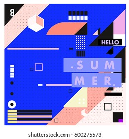 Trendy vector summer cards illustration with line elements and abstract colorful textures. Design for poster, card, invitation, brochure, and promotion template. Fashion art print and background.