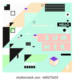 Trendy vector summer cards illustration with line elements and abstract colorful textures. Design for poster, card, invitation, brochure, and promotion template. Fashion art print and background.