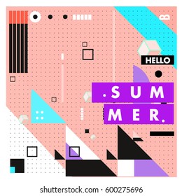Trendy vector summer cards illustration with line elements and abstract colorful textures. Design for poster, card, invitation, brochure, and promotion template. Fashion art print and background.
