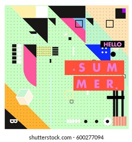 Trendy vector summer cards illustration with line elements and abstract colorful textures. Design for poster, card, invitation, brochure, and promotion template. Fashion art print and background.