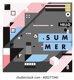 Trendy vector summer cards illustration with line elements and abstract colorful textures. Design for poster, card, invitation, brochure, and promotion template. Fashion art print and background.