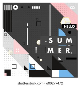 Trendy vector summer cards illustration with line elements and abstract colorful textures. Design for poster, card, invitation, brochure, and promotion template. Fashion art print and background.