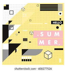Trendy vector summer cards illustration with line elements and abstract colorful textures. Design for poster, card, invitation, brochure, and promotion template. Fashion art print and background.