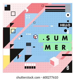 Trendy vector summer cards illustration with line elements and abstract colorful textures. Design for poster, card, invitation, brochure, and promotion template. Fashion art print and background.