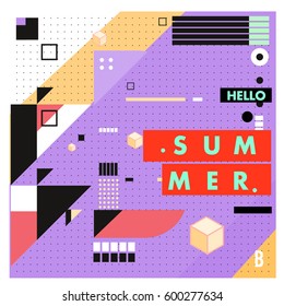 Trendy vector summer cards illustration with line elements and abstract colorful textures. Design for poster, card, invitation, brochure, and promotion template. Fashion art print and background.