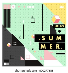 Trendy vector summer cards illustration with line elements and abstract colorful textures. Design for poster, card, invitation, brochure, and promotion template. Fashion art print and background.