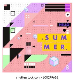 Trendy vector summer cards illustration with line elements and abstract colorful textures. Design for poster, card, invitation, brochure, and promotion template. Fashion art print and background.