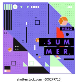 Trendy vector summer cards illustration with line elements and abstract colorful textures. Design for poster, card, invitation, brochure, and promotion template. Fashion art print and background.