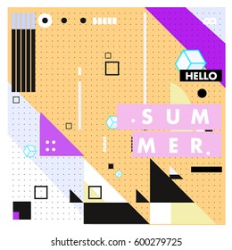 Trendy vector summer cards illustration with line elements and abstract colorful textures. Design for poster, card, invitation, brochure, and promotion template. Fashion art print and background.