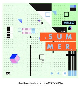 Trendy vector summer cards illustration with line elements and abstract colorful textures. Design for poster, card, invitation, brochure, and promotion template. Fashion art print and background.