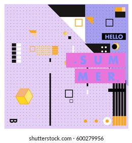 Trendy vector summer cards illustration with line elements and abstract colorful textures. Design for poster, card, invitation, brochure, and promotion template. Fashion art print and background.