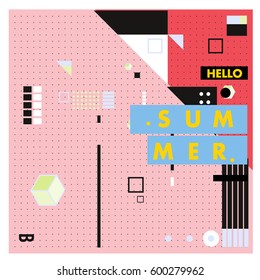 Trendy vector summer cards illustration with line elements and abstract colorful textures. Design for poster, card, invitation, brochure, and promotion template. Fashion art print and background.