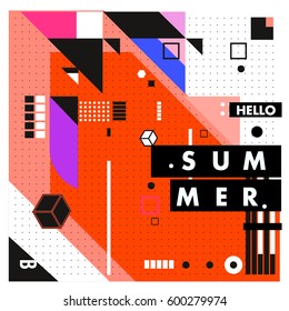 Trendy vector summer cards illustration with line elements and abstract colorful textures. Design for poster, card, invitation, brochure, and promotion template. Fashion art print and background.