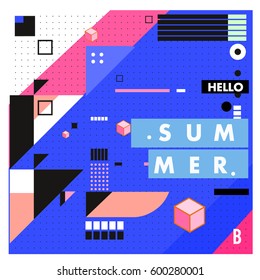 Trendy vector summer cards illustration with line elements and abstract colorful textures. Design for poster, card, invitation, brochure, and promotion template. Fashion art print and background.