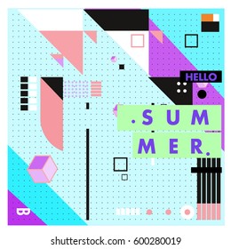 Trendy vector summer cards illustration with line elements and abstract colorful textures. Design for poster, card, invitation, brochure, and promotion template. Fashion art print and background.