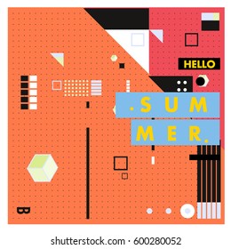 Trendy vector summer cards illustration with line elements and abstract colorful textures. Design for poster, card, invitation, brochure, and promotion template. Fashion art print and background.