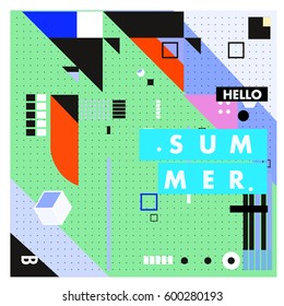 Trendy vector summer cards illustration with line elements and abstract colorful textures. Design for poster, card, invitation, brochure, and promotion template. Fashion art print and background.
