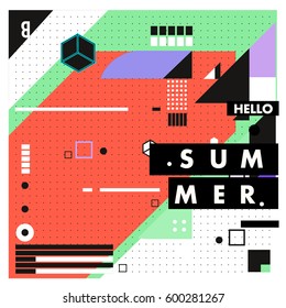 Trendy vector summer cards illustration with line elements and abstract colorful textures. Design for poster, card, invitation, brochure, and promotion template. Fashion art print and background.