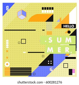 Trendy vector summer cards illustration with line elements and abstract colorful textures. Design for poster, card, invitation, brochure, and promotion template. Fashion art print and background.