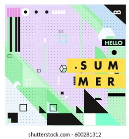 Trendy vector summer cards illustration with line elements and abstract colorful textures. Design for poster, card, invitation, brochure, and promotion template. Fashion art print and background.