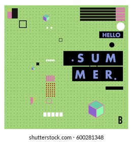 Trendy vector summer cards illustration with line elements and abstract colorful textures. Design for poster, card, invitation, brochure, and promotion template. Fashion art print and background.