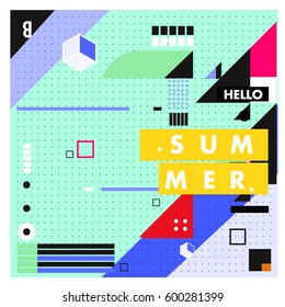 Trendy vector summer cards illustration with line elements and abstract colorful textures. Design for poster, card, invitation, brochure, and promotion template. Fashion art print and background.