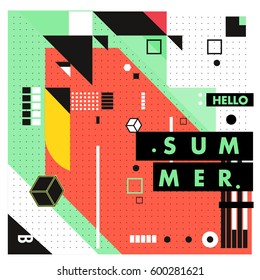 Trendy vector summer cards illustration with line elements and abstract colorful textures. Design for poster, card, invitation, brochure, and promotion template. Fashion art print and background.