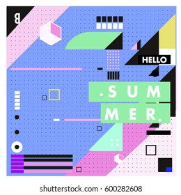 Trendy vector summer cards illustration with line elements and abstract colorful textures. Design for poster, card, invitation, brochure, and promotion template. Fashion art print and background.
