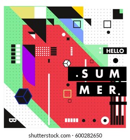 Trendy vector summer cards illustration with line elements and abstract colorful textures. Design for poster, card, invitation, brochure, and promotion template. Fashion art print and background.